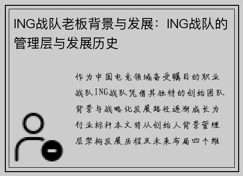 ING战队老板背景与发展：ING战队的管理层与发展历史